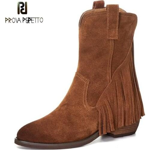Autumn New Style Cow Suede Color Matching Round Head Square Heel Car Stitching Fashion Womens Boots Mid-tube Boots Tassel Boots