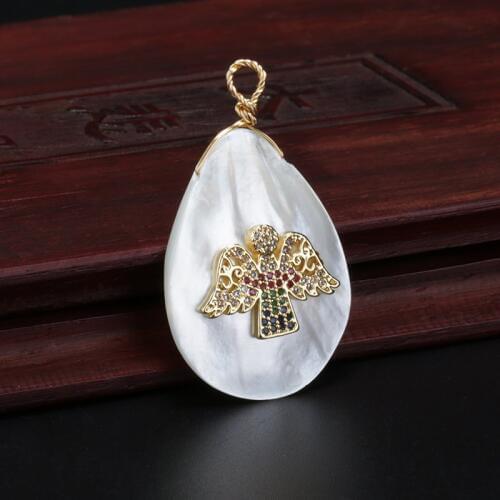 Rainbow cz cubic zircon paved wing angel charm natural white water drop abalone shell bead pendant choker necklace for women