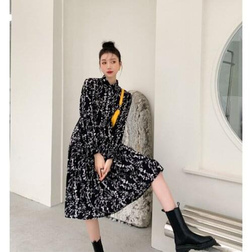 Retro Lace-Up Long-Sleeved Dress Women Spring 2021 New Korean Temperament Midi Black Floral Print Loose Casual Dresses