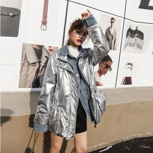 Winter Denim Splice Jacket Women 2021 Korean Long Denim Cotton Parka Coats Ladies Warm Slim Cotton Overcoat Female Denim Jackets