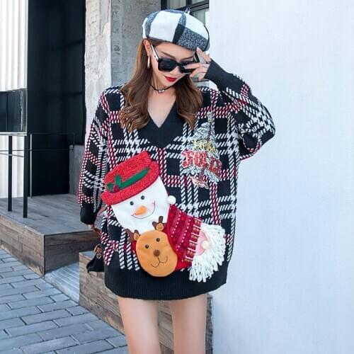 2020 Women Long Sleeve Sweater Pullovers Winter Warm Female Jumper V-Neck Retro Christmas Plaid Casual Chic Harajuku Knitwear