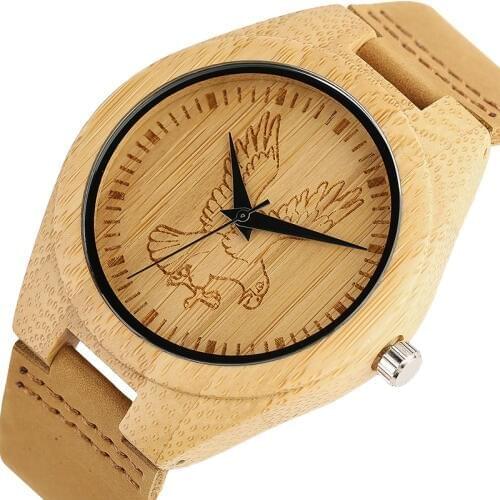 Mens Creative Watches Natural Handmade Flying Eagle Running Horse Unique Wooden Bamboo Watch Male Genuine Leather Pin Buckle