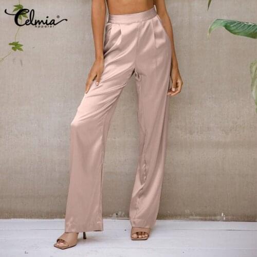 Celmia Elegant Satin Pants Women 2021 Fashion High Waist Pant Autumn Pleated Office Lady Wide Leg Pantalon Casual Pockets Slacks