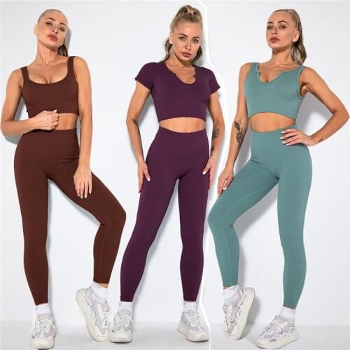 Women Seamless Gym Set Fitness Wear Yoga Set Sports Suits High Waist Leggings Short Sleeve Tops Bra Sportswear Active Clothes