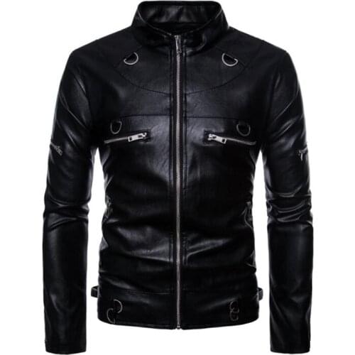 Punk motorcycle leather jacket men Rock Ring metal zipper pocket Standing collar clothing mens leather jackets and coats biker