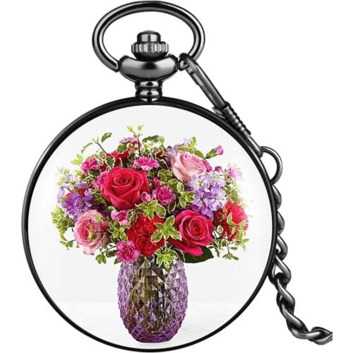 Beautiful Bouquet Pattern Quartz Pocket Watch Presents For Girlfriend Elegant Dial With Arabic Numerals Simple Pendant Clock