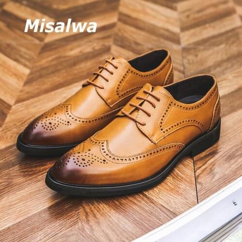 Misalwa Yellow Formal Men Oxford Shoes Full Brogue Men Dress Shoes British Wedding Suit Shoes Office Appointment Meeting Shoes