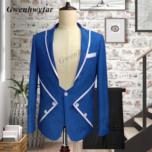 Gwenhwyfar 2021 Men Suit Tailor-Made Costume 2 Pieces Blue Blazer Black Pants Wedding Party Singer Tuxedo Man Stage Show Wear