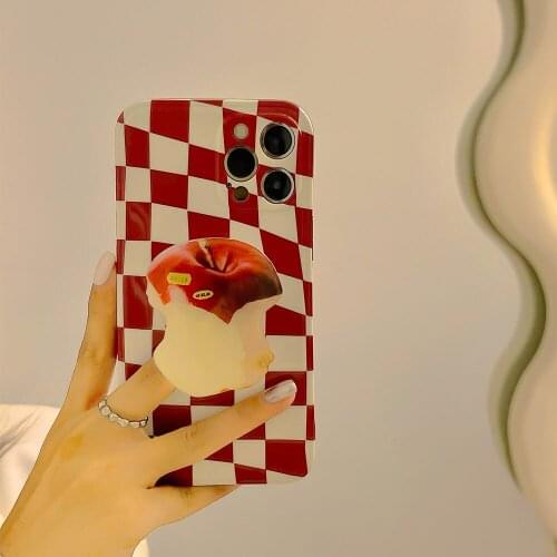 Japan Korean Red Checkerboard Apple Bracket Soft IMD Phone Case For IPhone 11 12 Pro Max 7 8 PLus SE X XR XS Bumper Back Cover