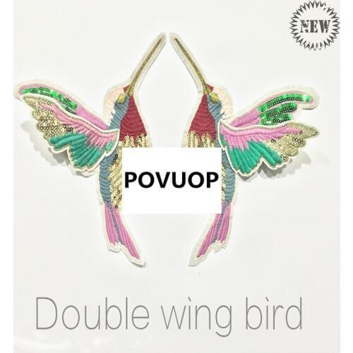 POVUOP New high-end fashion womens clothing sweater fleece jacket double wings hummingbird seiko sequins embroidery 18X15cm