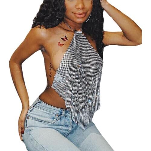 New Style Women Sexy Sleeveless Blouse Sequined Party Belly Metal Halter Pullover Fashionable