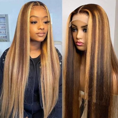 Highlight Wig Brown Colored 13x4 Lace Frontal Wig Remy Straight Brazilian Human Hair Wigs Transprent Glueless Virgin Hair 30Inch