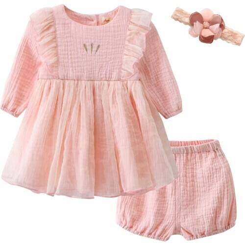 1 year girl baby birthday dress, Little Girls Long-Sleeved Dress, Baby Girls 3pcs Dress Set Pink Baby girls clothes set