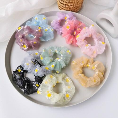 Korean Printing Daisy Flowers Mesh Scrunchies Women Romantic Pink Hair Rope Transparent Tulle Organza Hair Tie Hair Accessories