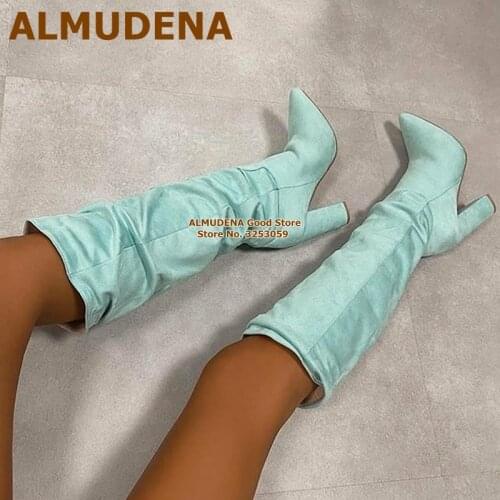 ALMUDENA Mint Green Suede Knee High Boots Chunky Heel Pointed Toe Folded Tall Boots Women Pleated Dress Shoes Size46 Dropship