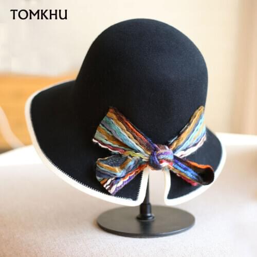 Winter Autumn Woolen Women Hat Classic Solid Color Felt Fedoras Bowknot Hats Female Lady Wide Brim Dome Top Jazz Cap Bucket Hat