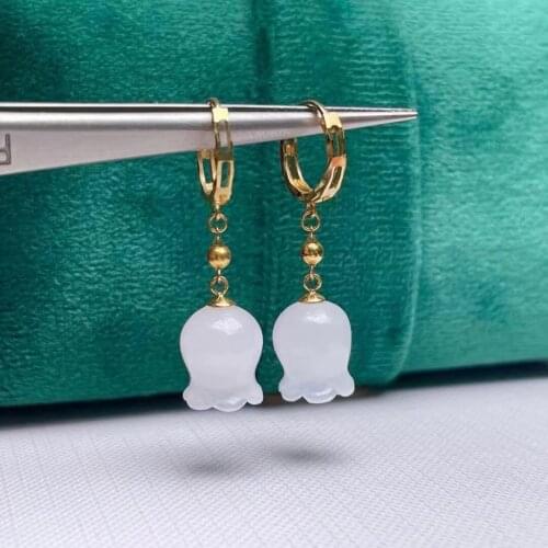 SHILOVEM 18k yellow gold real Natural white Jasper drop earring classic fine Jewelry women wedding gift 8*10mm myme08106698hby