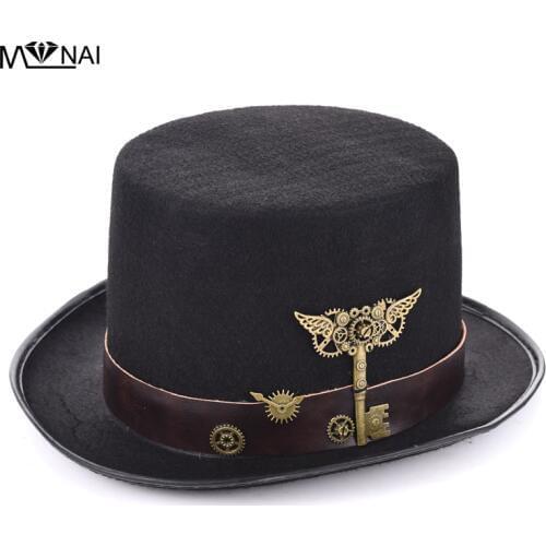 New Costume Sombreros Steam Punk Top Hat with Belt & Gears Key Accessories Retro Trilby Hats Gothic Fancy Dress