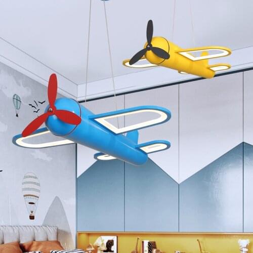 Modern led pendant lamp for children room blue yellow cartoon airplane hanglamp for kids baby boys indoor lighting fixture