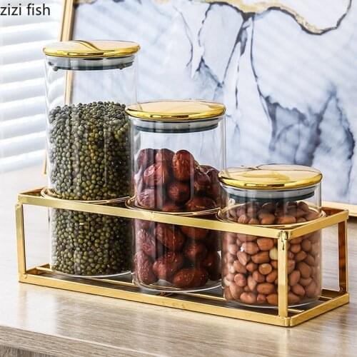 Whole Grains Storage Tank Glass Jar Food Sealed Can with Cover Metal Base Home Transparent Storage Box Candy Jar Decorative Jars