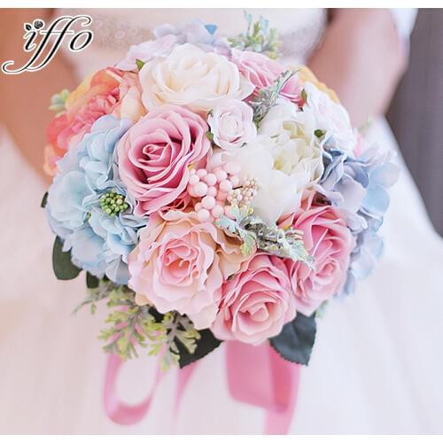 Custom Bride Holding flowers pink & blue bouquet Wedding Bouquet Silk Wedding Bouquet Bridal Artificial Rose Bouquet