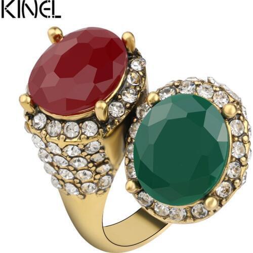 Kinel Vintage Rings For Women Color Ancient Gold Mosaic Red Resin Surround White Crystal Anillo