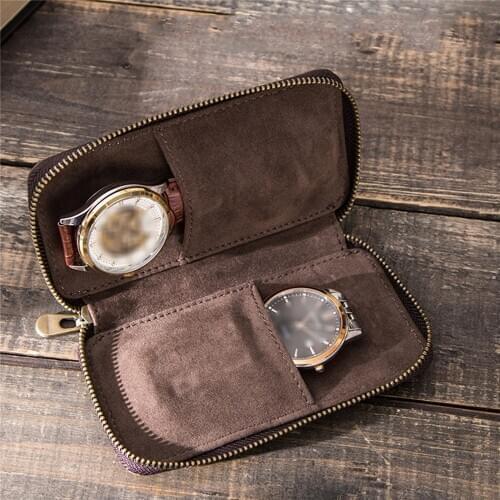 Vintage Leather Watch Case Carrying Pouch 2-Slot Watch Storage Bag Zipper Wristwatch Box Organizer