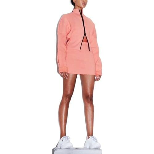 XLLAIS Thick Ribbed Cotton Material Skirts Sets Women Sexy Zippers Long Sleeve Pink Coats Two Piece Set