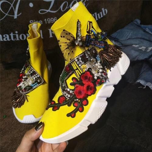 Yellow Crystal Sneaker Crystal Socks Sneaker Women Rhinestone Casual Platform Shoes Knitted Socks Casual Fashion Sneakers WK100