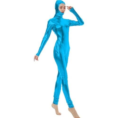17 Colors Women Shining Open Face Masked Zentai One Piece Halloween Cosplay Party Catsuit Long Sleeve Dancing Hooded Unitard