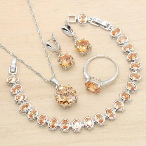 Round Champagne Cubic Zircon Silver Color Jewelry Sets For Women Earrings Pendant Necklace Bracelet Ring Wedding Christmas Gift
