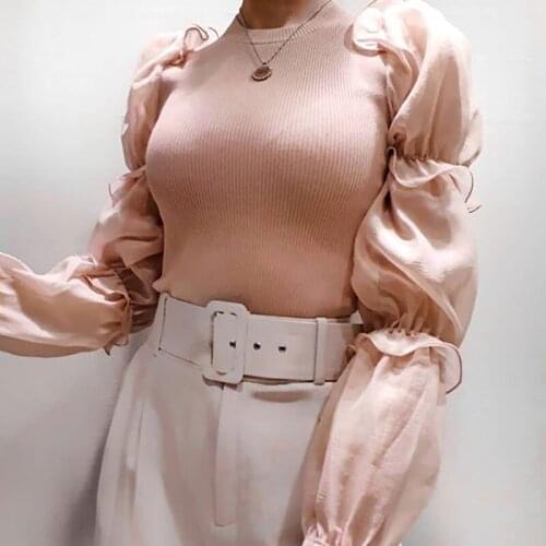 Ladies Casual O Neck Bodycon Jumper Tops Chic Mesh Patchwork Knitted Pullover Women Ruffles Long Sleeve Fashion Sweater