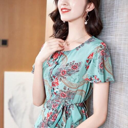 Blue Chiffon Print Red Retro Floral Silk Dresses Women 2021 Summer Long Casual Sexy Office Work Daily Dress Plus Size Slim Fit