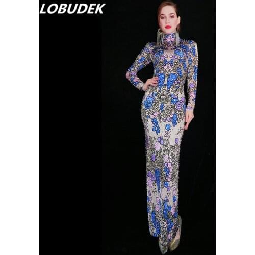 Spring Autumn Vintage Women Long Sleeve Blue Floral Rhinestones Wrap Hips Long Dress Formal Birthday Prom Evening Party Costume
