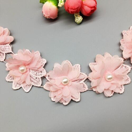 20pcs 5x5cm Pink Pearl Flowers Lace Trim Ribbon Fabric Embroidered Applique Sewing Craft Crochet Wedding Dress Clothes