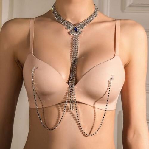 2021New Paragraph Sexy Ladies Jewelry Crystal Sapphire Butterfly Necklace Shiny Rhinestone Tassel Breast Chain Body Accessories