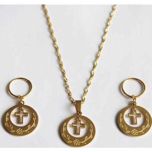 24K Gold Color Stainless Steel Cross Jewelry Sets New Zealand Kiribati Micronesia Guam Birthday Gift