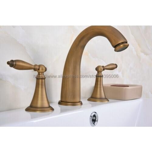 Antique Brass Widespread Bathroom Basin Faucet Dual Handle 3 Holes Basin Mixer Sink Taps Deck Mounted Ban081