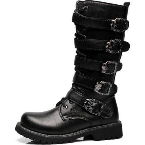 Army Boots Men High Military Combat Boots Metal Buckle Punk Mid Calf Male Motorcycle Boots Lace Up Mens Shoes Rock Punk Boots
