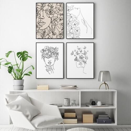 Boho Flower Head Abstract Line Face Drawing Art Woman with Butterfly Poster and Print Wall Pictures Minimalist Home Decoration