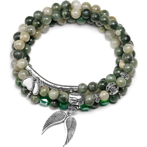 108 Mala Bracelet Buddha Natural Green Grass lace Agates Bracelets Wing Pendant Chakra 6MM Beaded Yoga Prayer