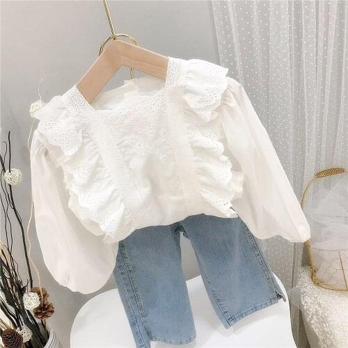 Kids Blouses 2021 Spring Summer Baby Girls Korean Lace Shirts Hollow Embroidery Long Sleeve Blouse For Girl Baby Cotton Shirts