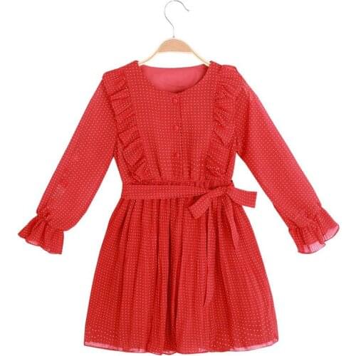 Girls' dresses casual polka dot belt childrens clothing spring autumn trend long-sleeved chiffon creased kids clothes
