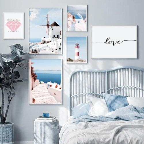 Art Canvas Painting Aegean Sea Santorini Scenery Lighthous Nature Nordic Posters And Prints Wall Pictures For Living Room Decor