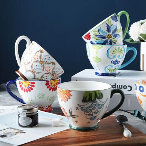 480ml Nordic Hand-Painted Ceramic Breakfast Milk Coffee Cup Creative Coffee Oatmeal Mug Fruits Bowl