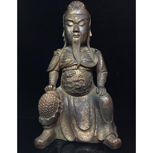 20"Chinese temple collection Old Bronze Cinnabar Lacquer Guan Gong Statue Kuan Wu Caishen Ornaments Town House Exorcism