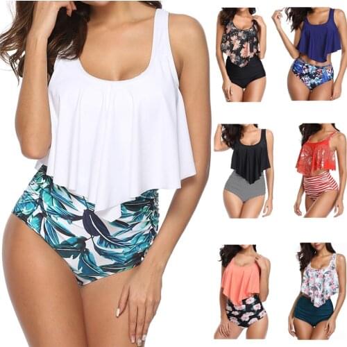 Tropical Print Bikini Set Sexy High Waist Swimwear Plus Size Ruffle Swim Separate Two Piece Push Up Swimming Suit Beach Biquini
