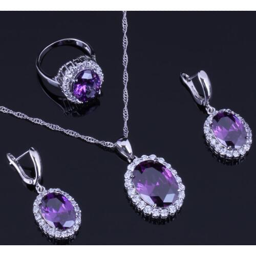 Awesome Oval Egg Purple Cubic Zirconia White CZ Silver Plated Jewelry Sets Earrings Pendant Chain Ring V0282