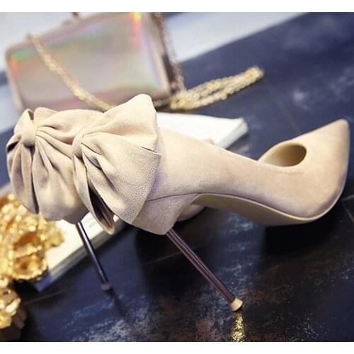 Sexy Women Back Bowtie Pumps Plated Heels Suede Leather Stiletto Heels Wedding Shoes Female Butterfly Knot Pointed Toe High Heel