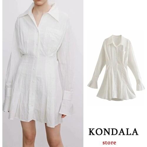 KONDALA Womens Cotton Dress Za Fashion 2021 Chic Streetwear Flared Sleeves Elegant Ladies Mini Dress Female mujer Vestidos